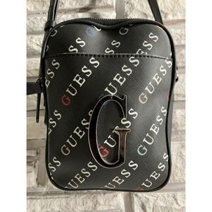 Guess Black Logo Print Crossbody Bag Silver G Hardware Messenger Camera Bag